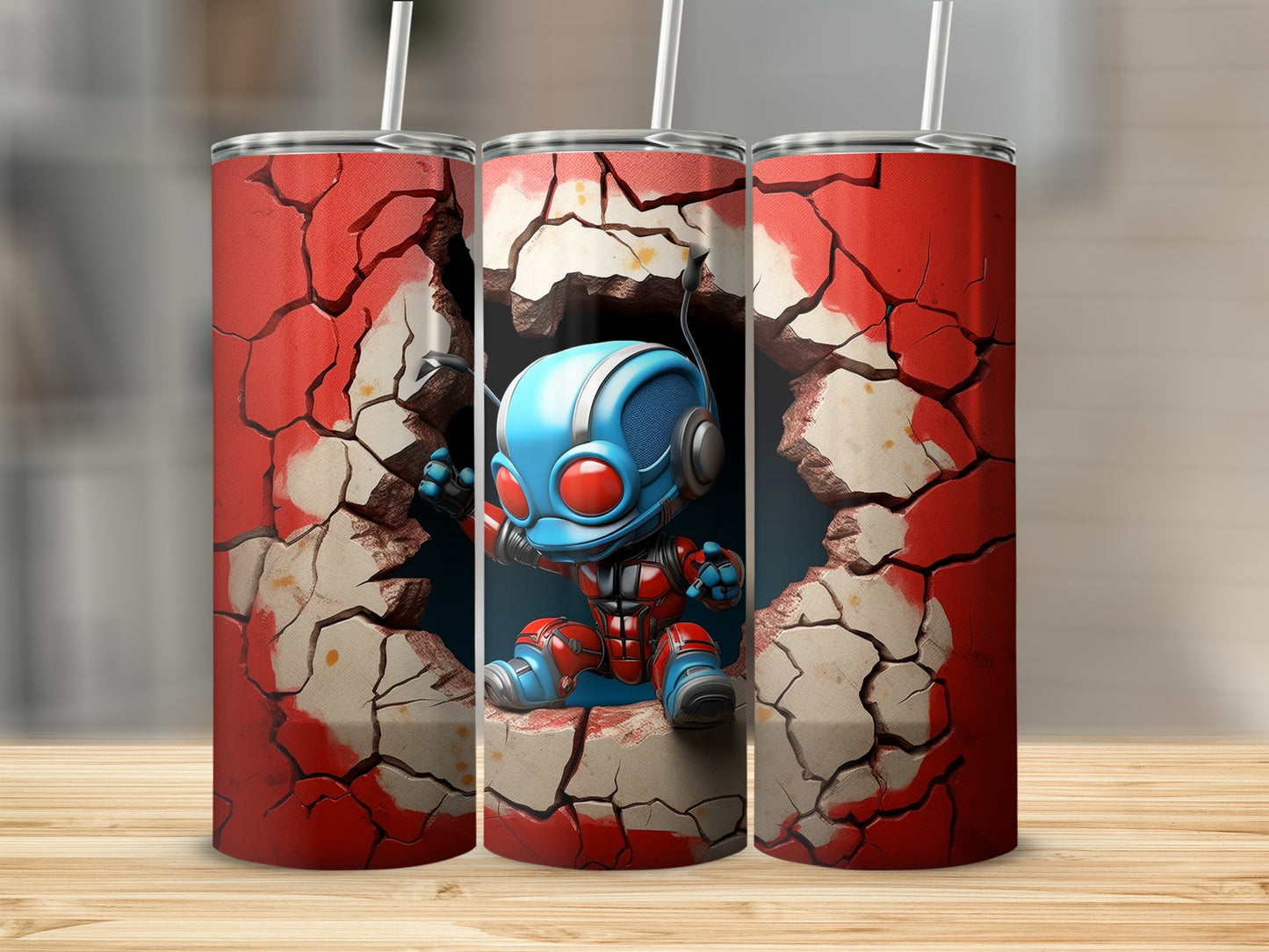 Red and Blue Robot Breaking Through Wall Tumbler