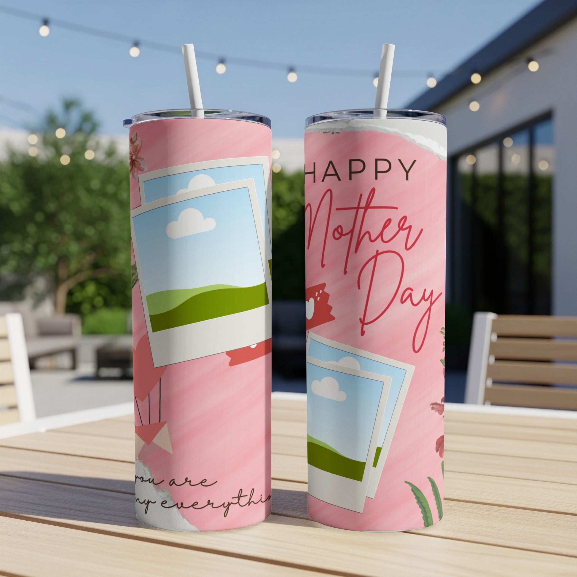 Two pink tumblers with floral and photo frame designs, one saying "Happy Mother Day".