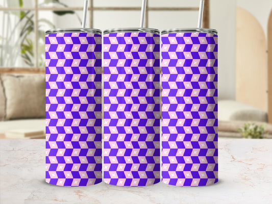 Three purple and pink geometric pattern tumblers with straws on a marble surface.