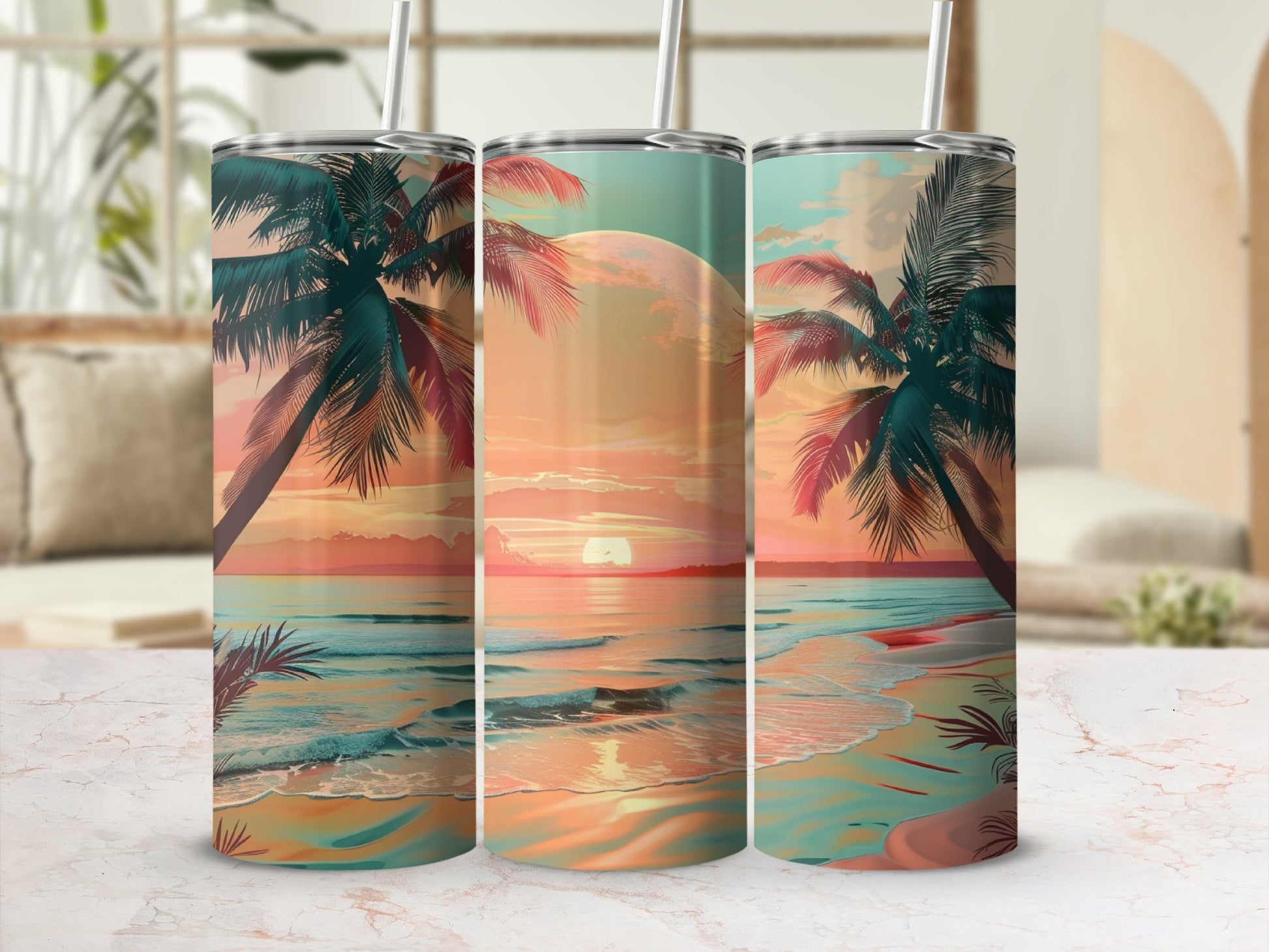 Tropical sunset beach scene with palm trees and ocean waves on three tumblers.