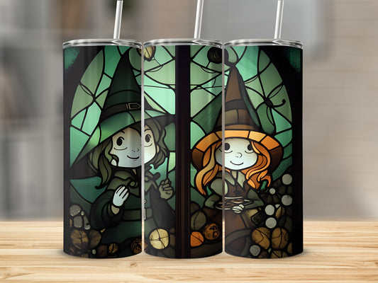 Three tumblers featuring witch illustrations and stained glass design.