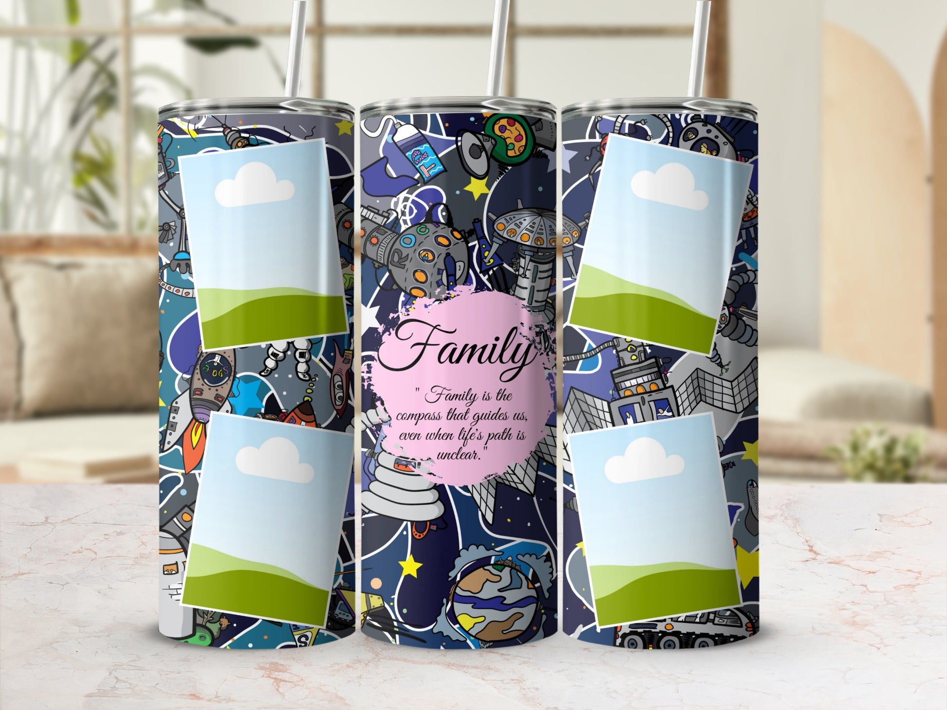 Three tumblers with space-themed designs and photo frame placeholders.