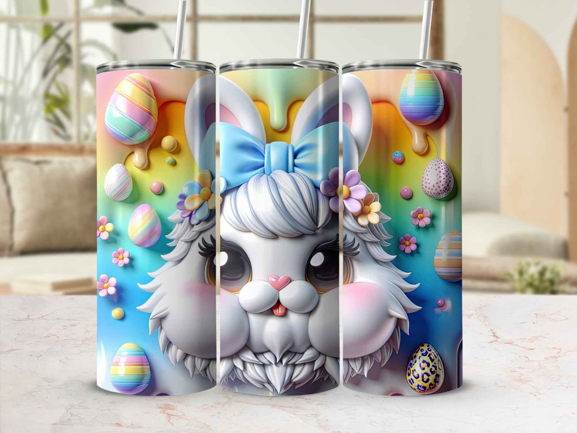 Three Easter bunny tumblers with colorful egg patterns and pastel flowers.