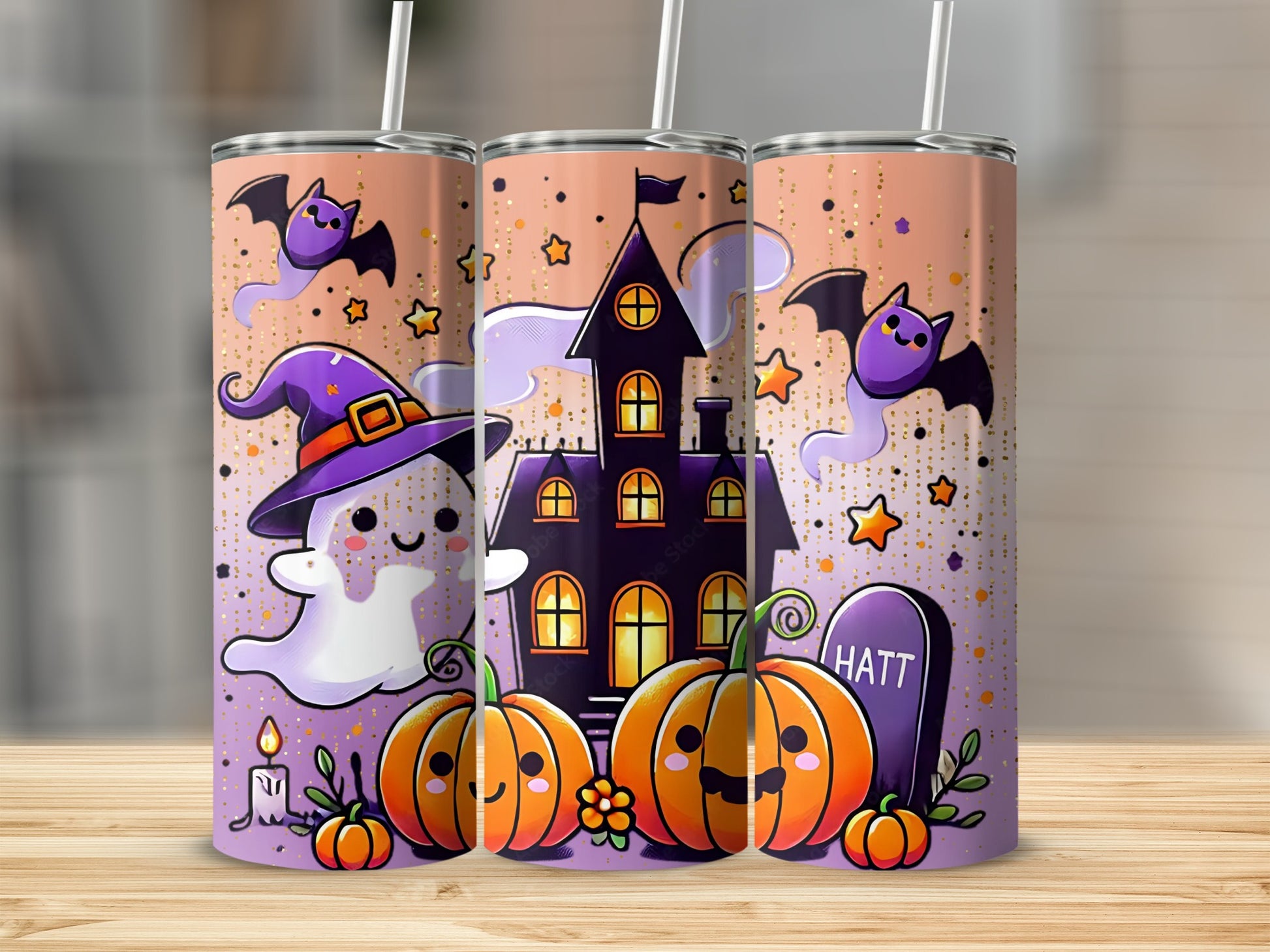 Cute Halloween Ghost Bat House and Pumpkins Tumbler