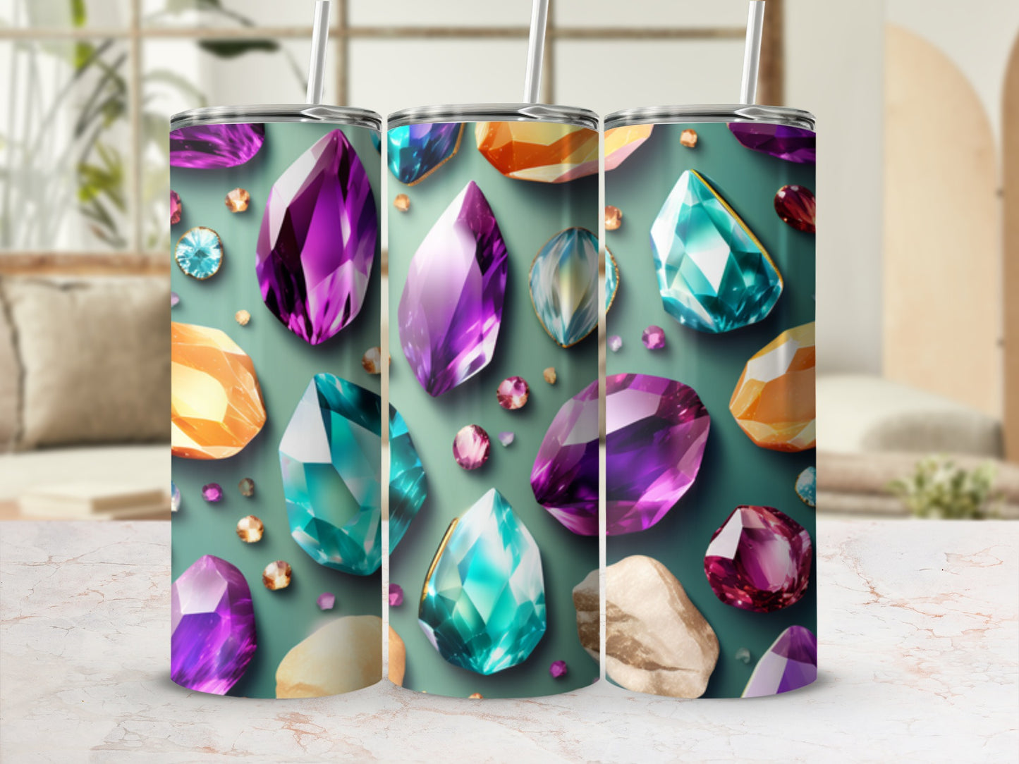 Assortment of colorful, faceted gemstones on a mint green background.