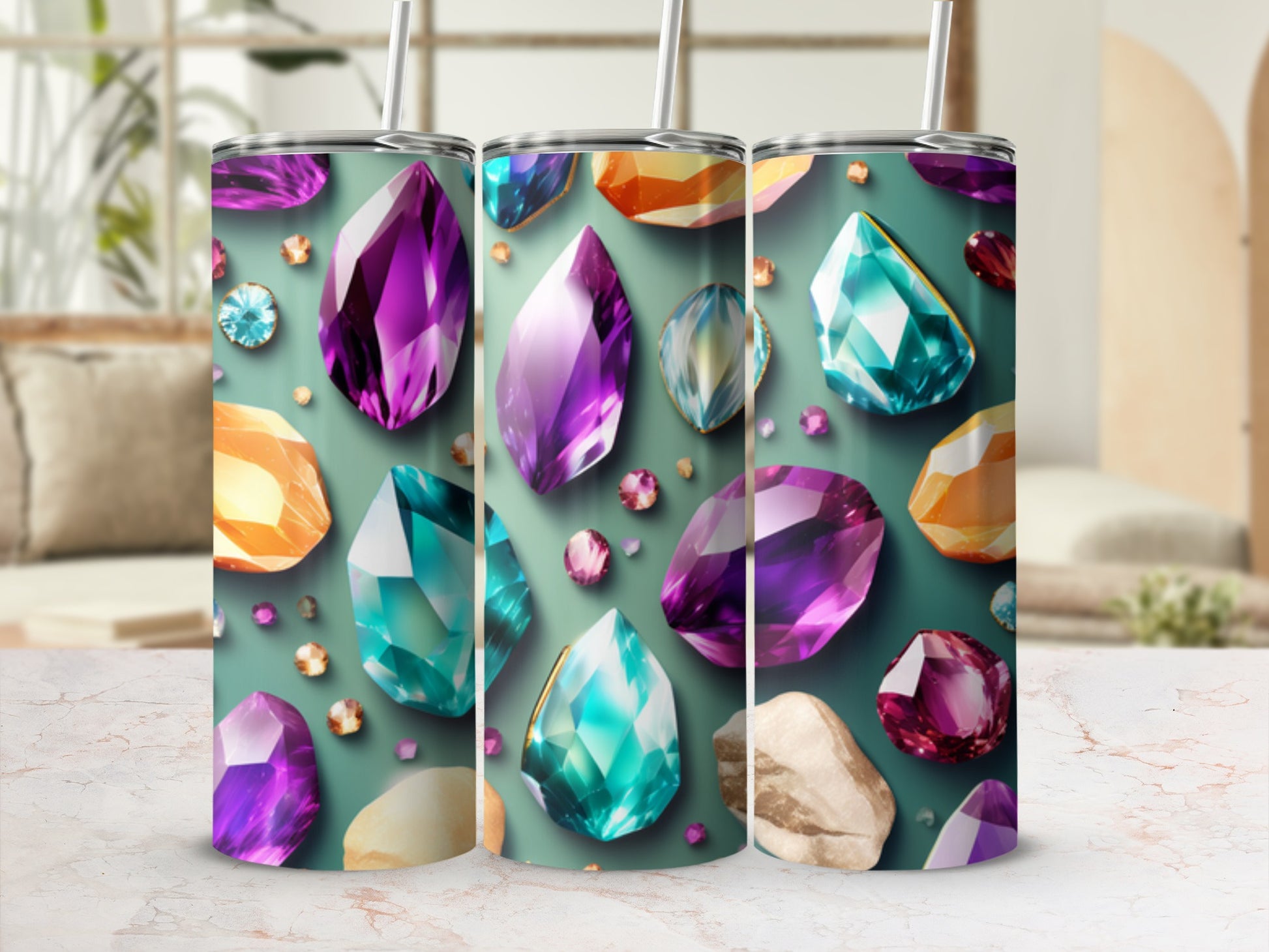Assortment of colorful, faceted gemstones on a mint green background.
