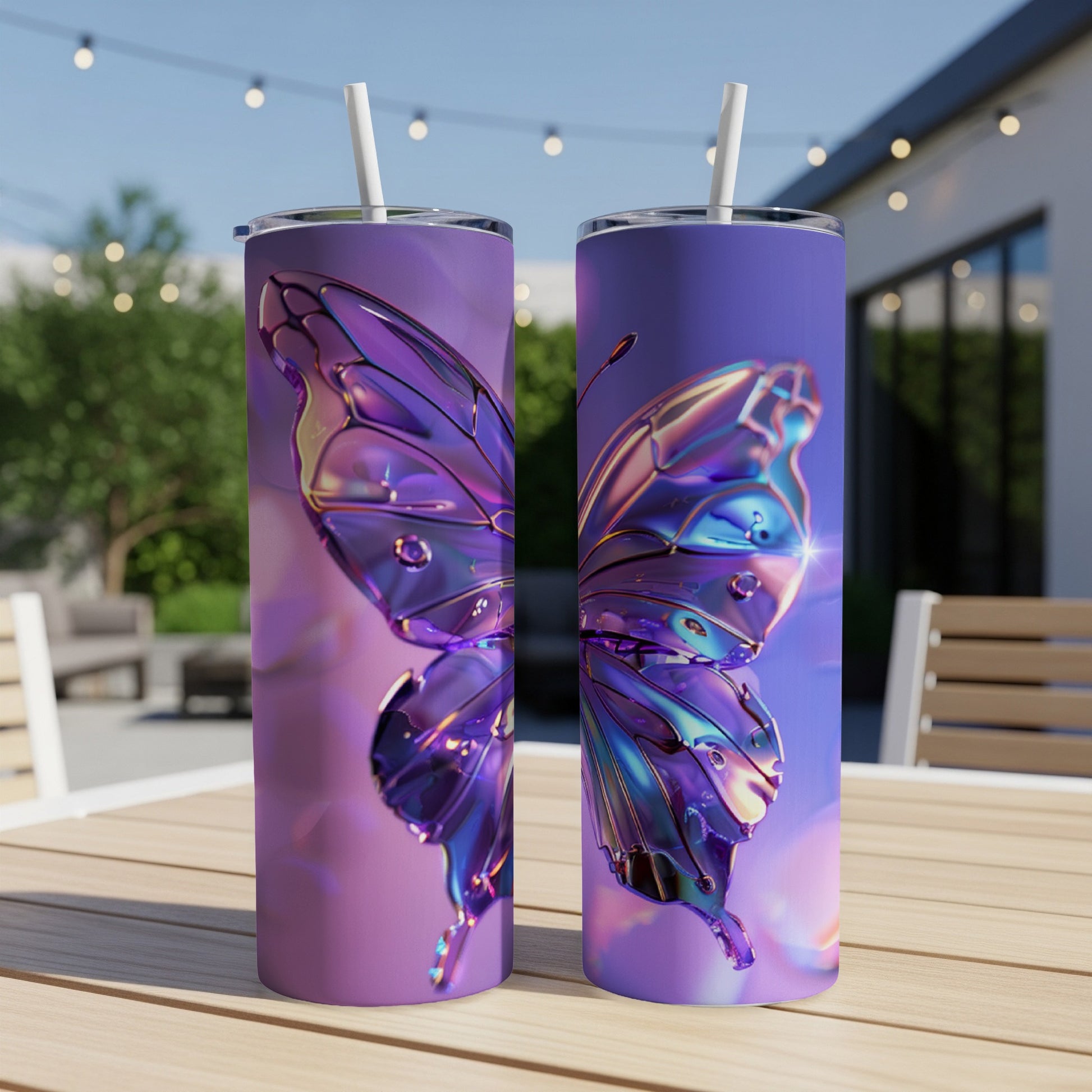 Two iridescent purple butterfly tumblers on a wooden table outdoors.