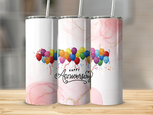 Three tumblers with pink marble patterns and colorful balloons celebrating an anniversary.