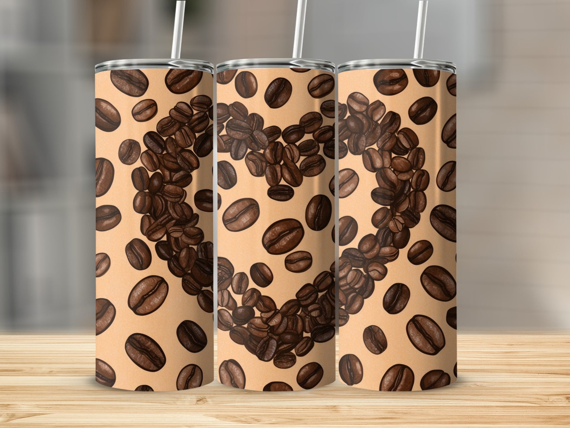 Three tumblers featuring a heart shape made from coffee beans.