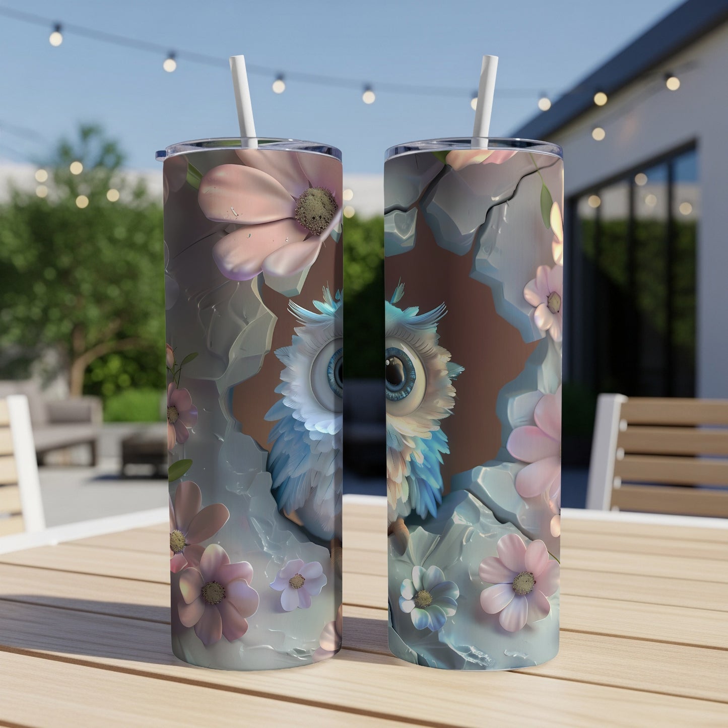 Two tumblers with a whimsical owl and floral design on a table.