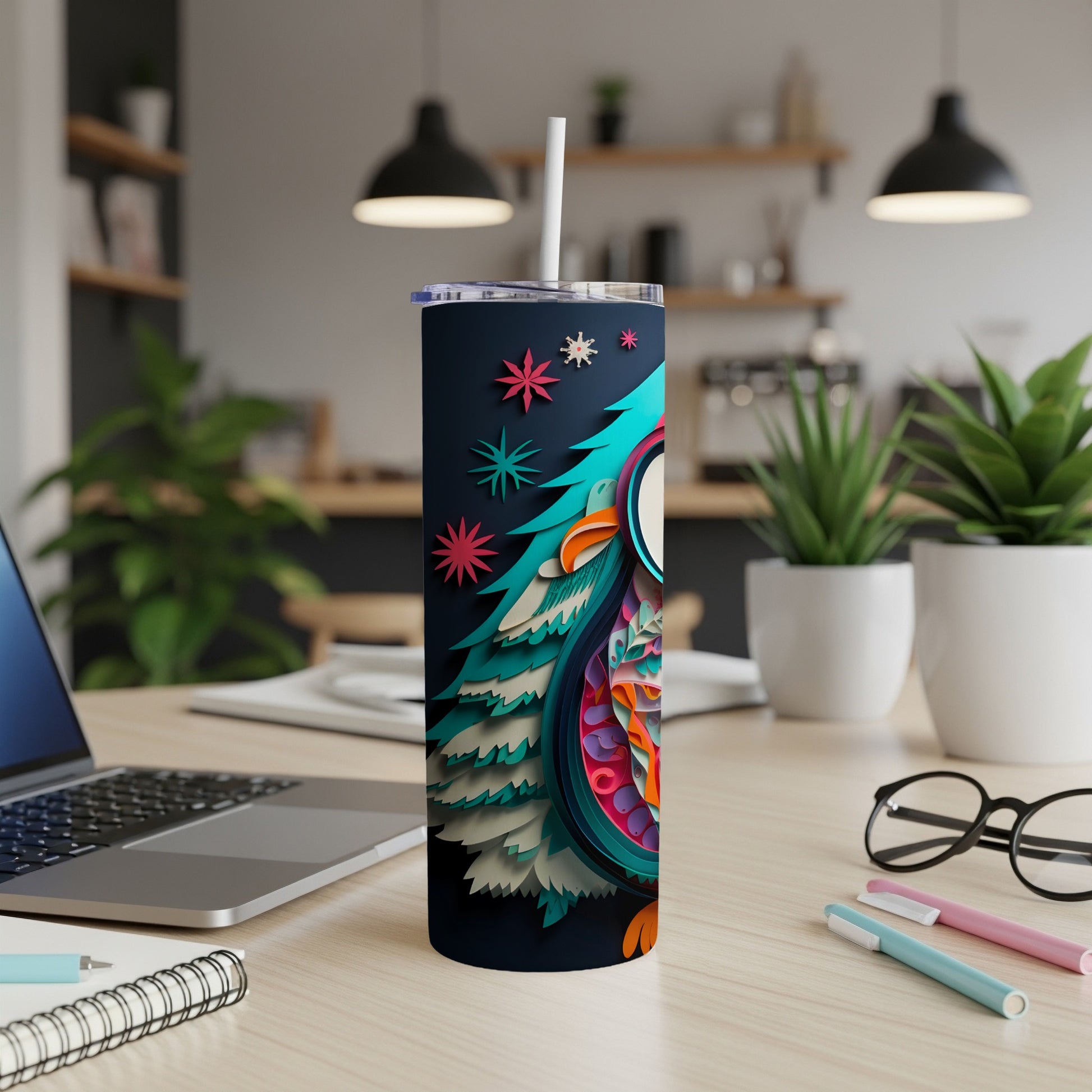 Christmas owl tumbler with colorful geometric patterns and straw.
