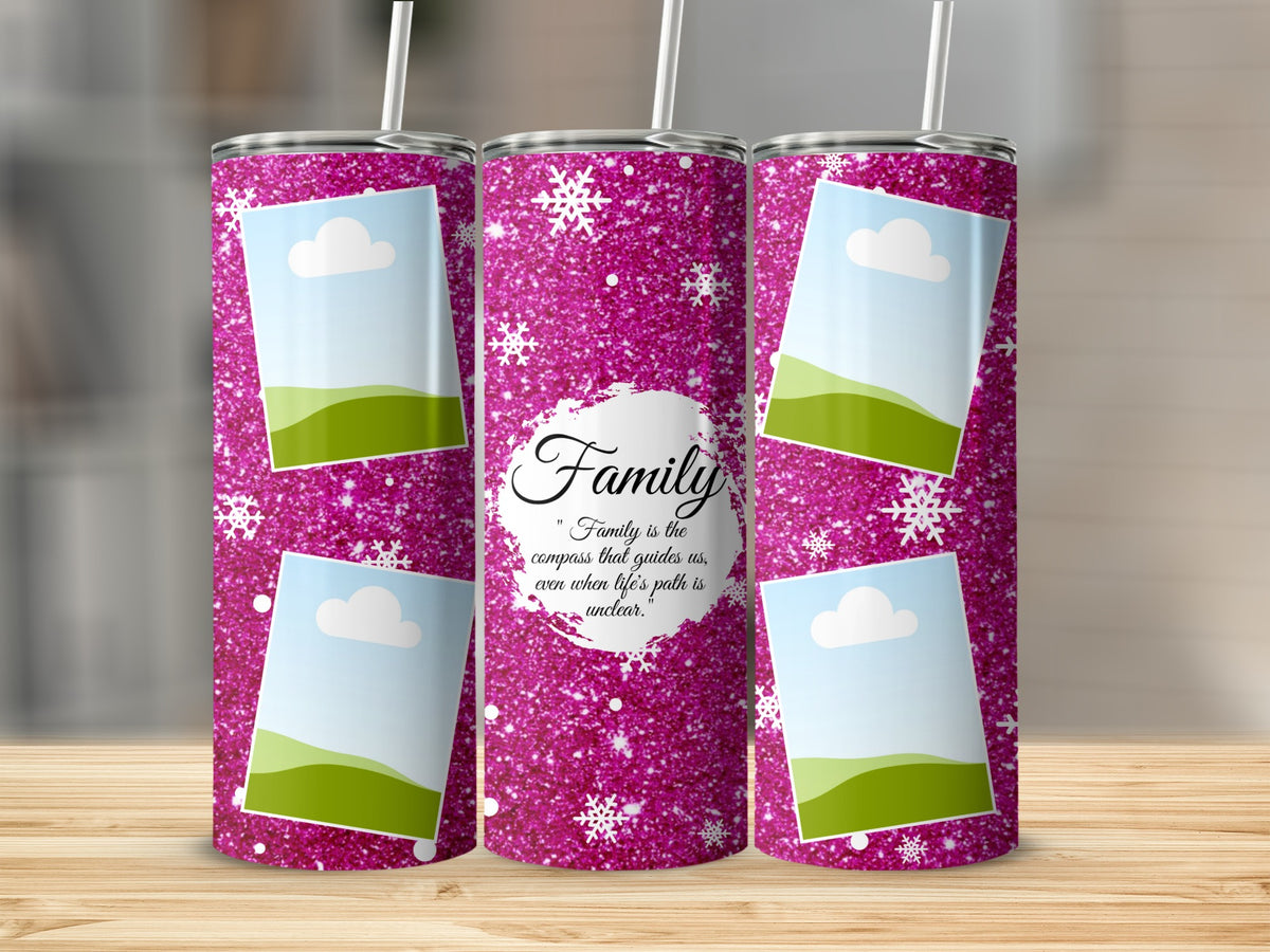 Three tumblers with pink glitter, snowflakes, and image placeholders with quote.