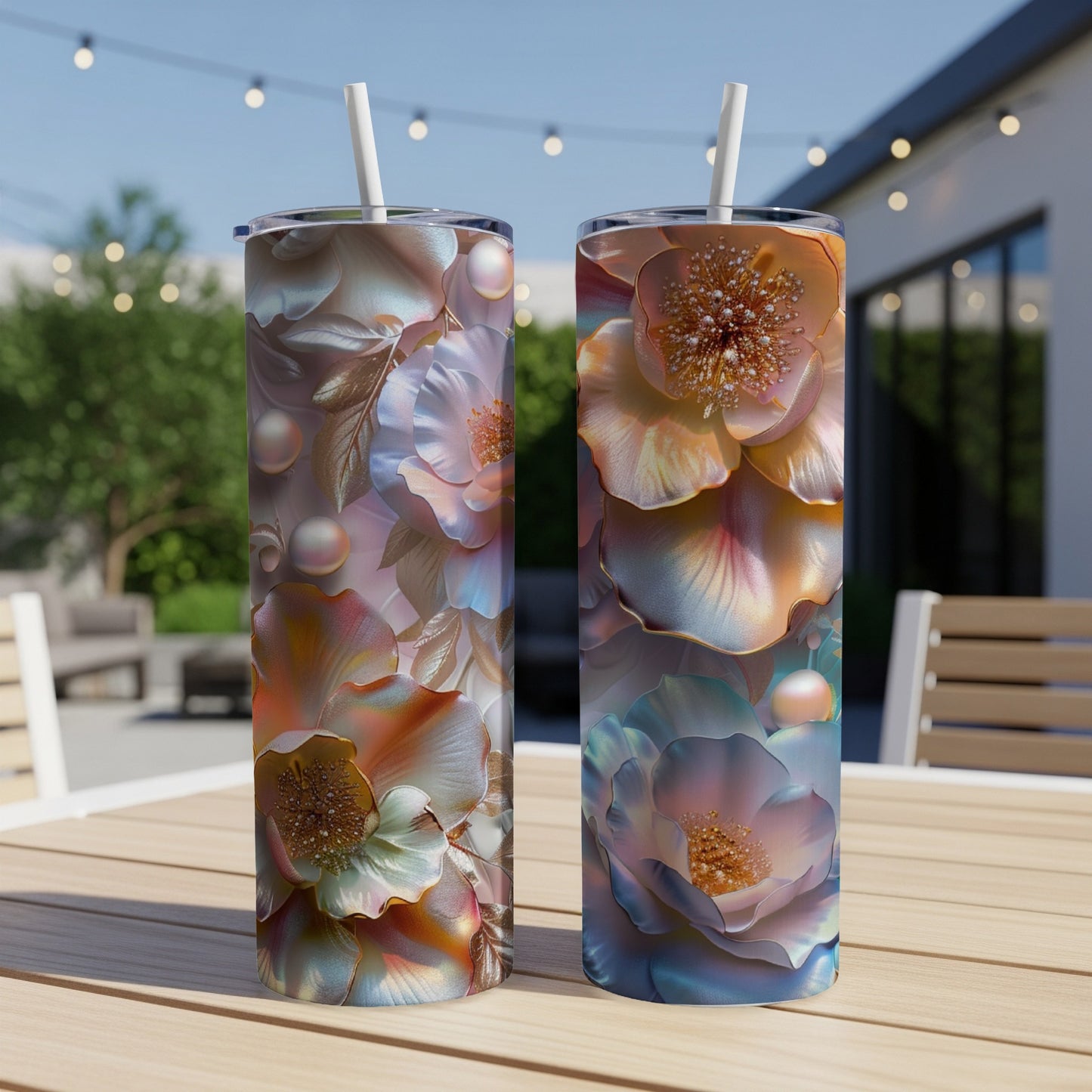 Two tall tumblers with floral designs sit on a table.