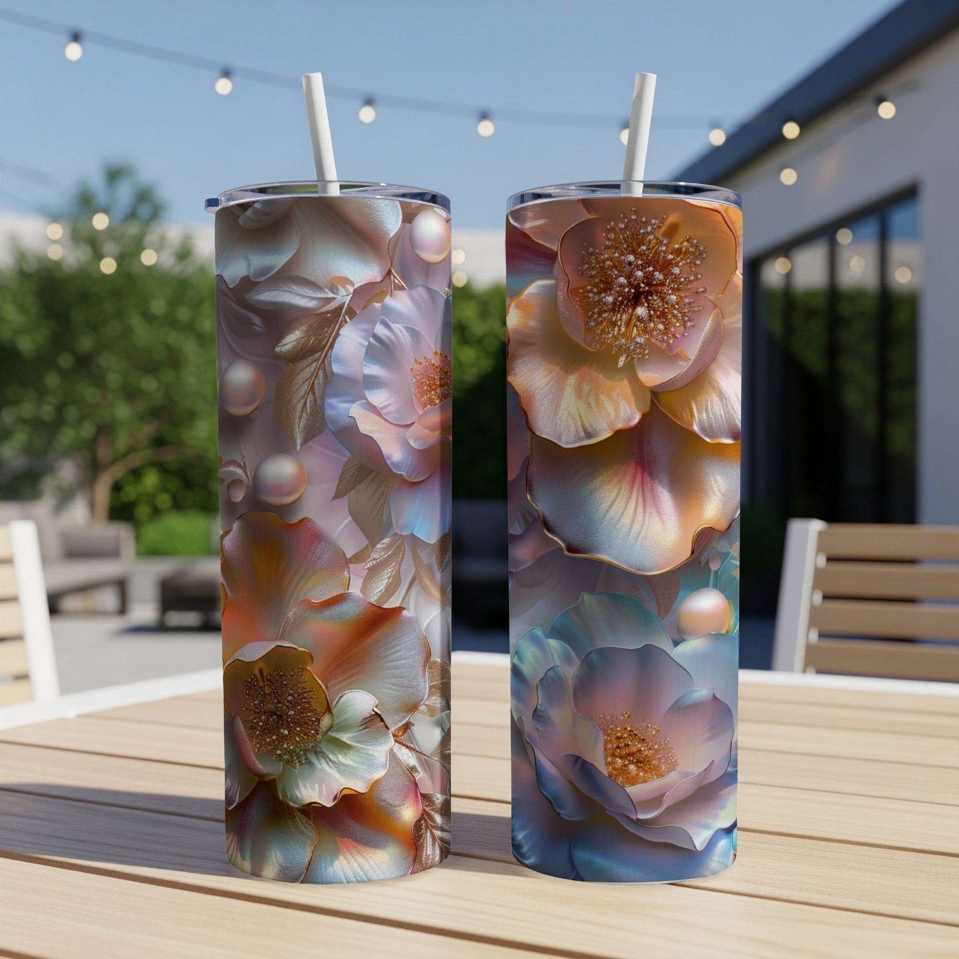 Two tall tumblers with floral designs sit on a table.