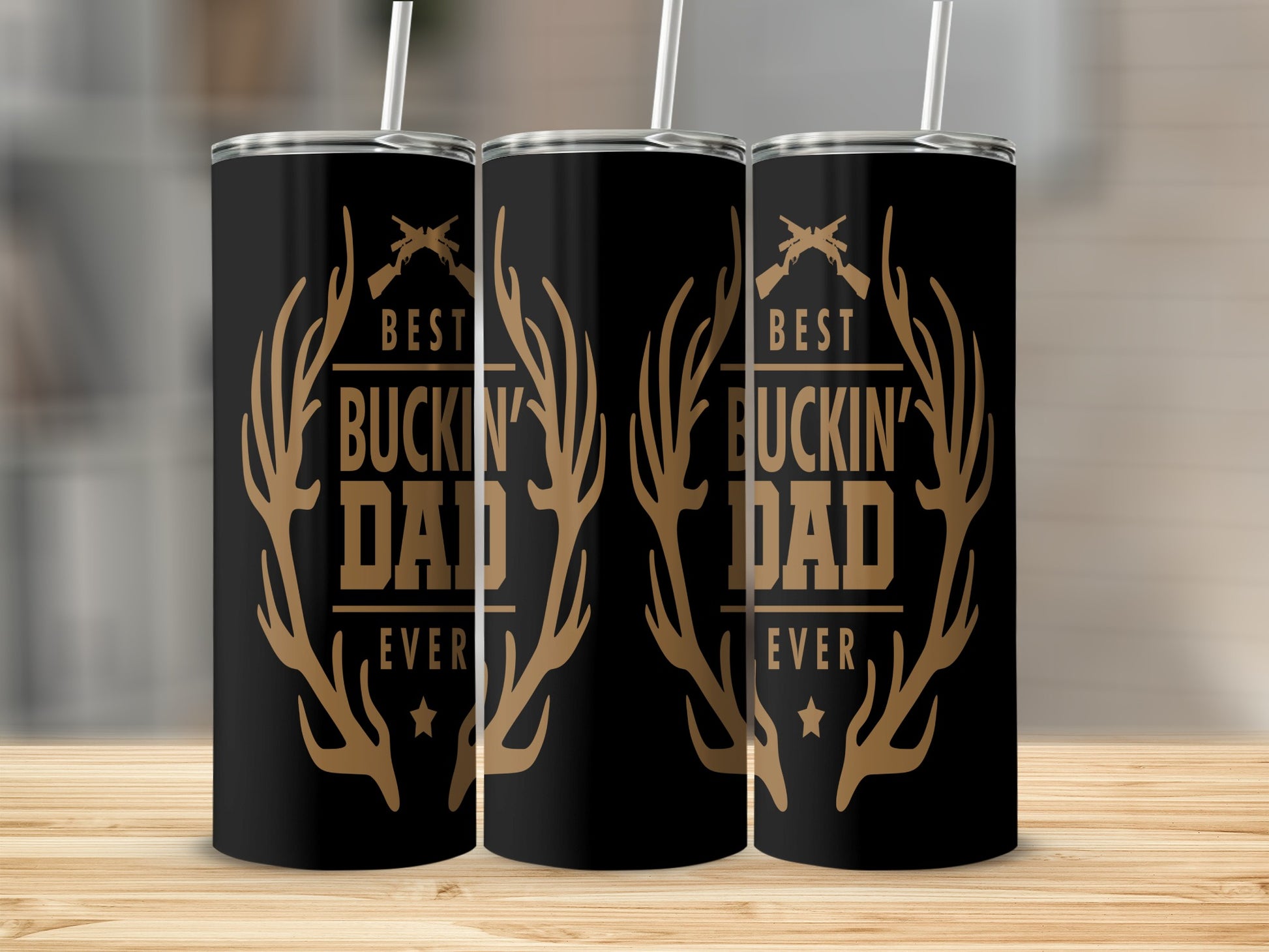 Black tumblers with "Best Buckin' Dad Ever" and deer antlers design.
