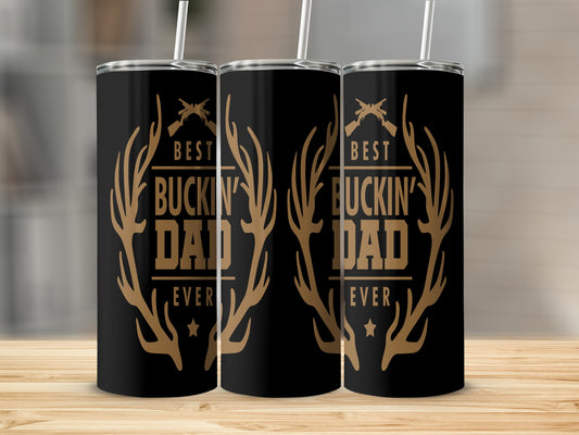 Black tumblers with "Best Buckin' Dad Ever" and deer antlers design.