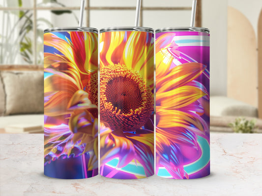 Three tumblers with a close-up vibrant sunflower design.