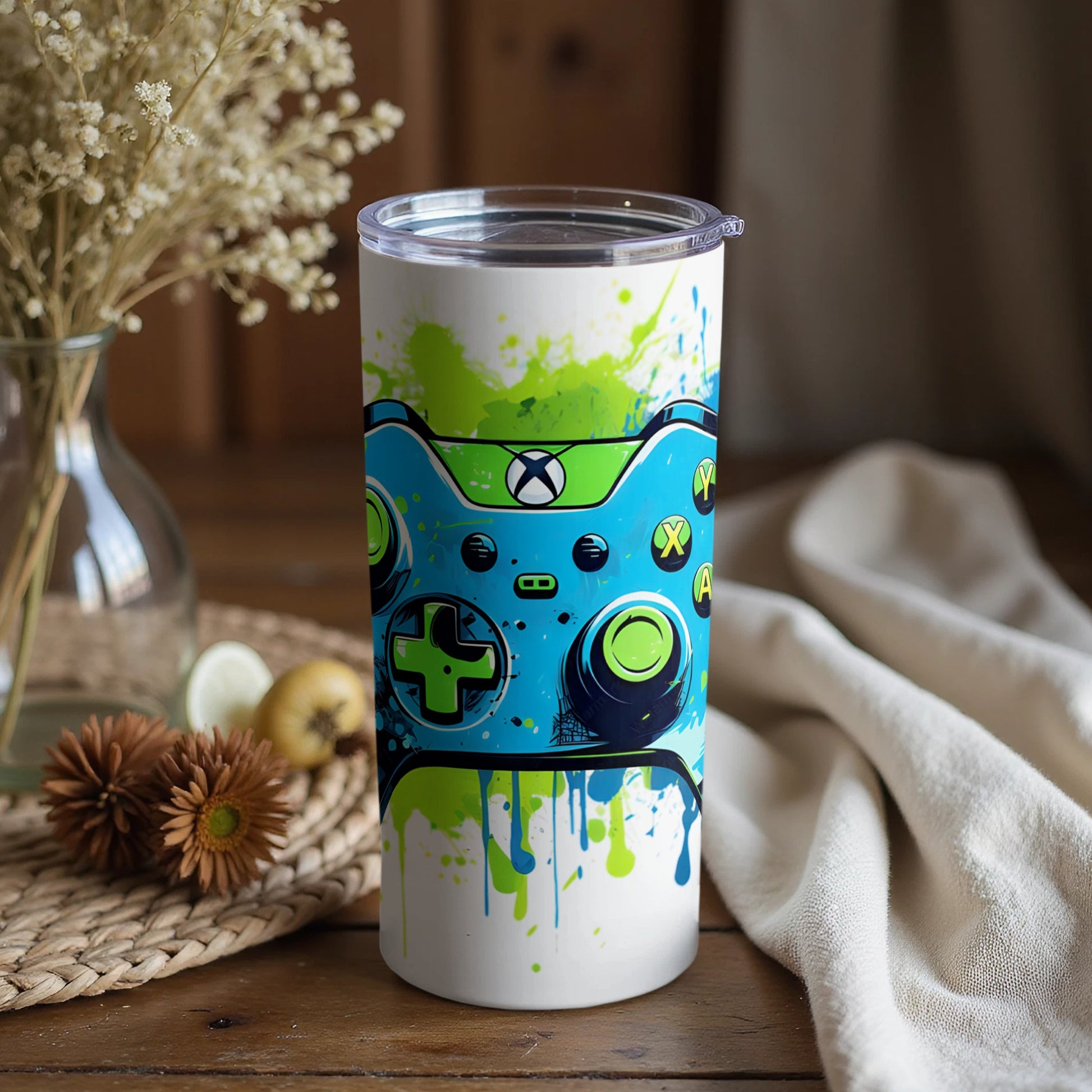 Vibrant colorful gaming controller insulated tumbler