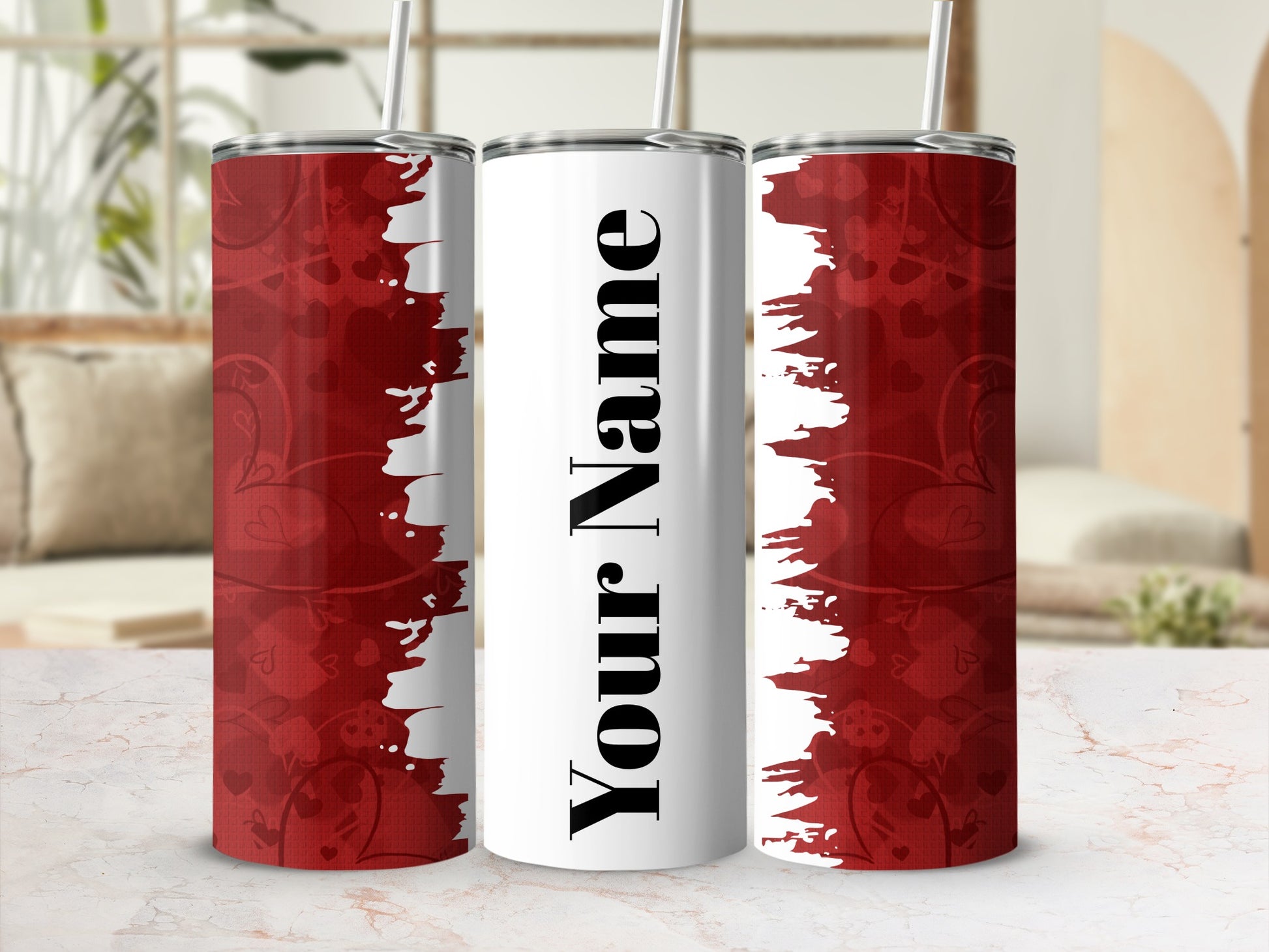 Customizable Red and White Hearts Tumbler Cup