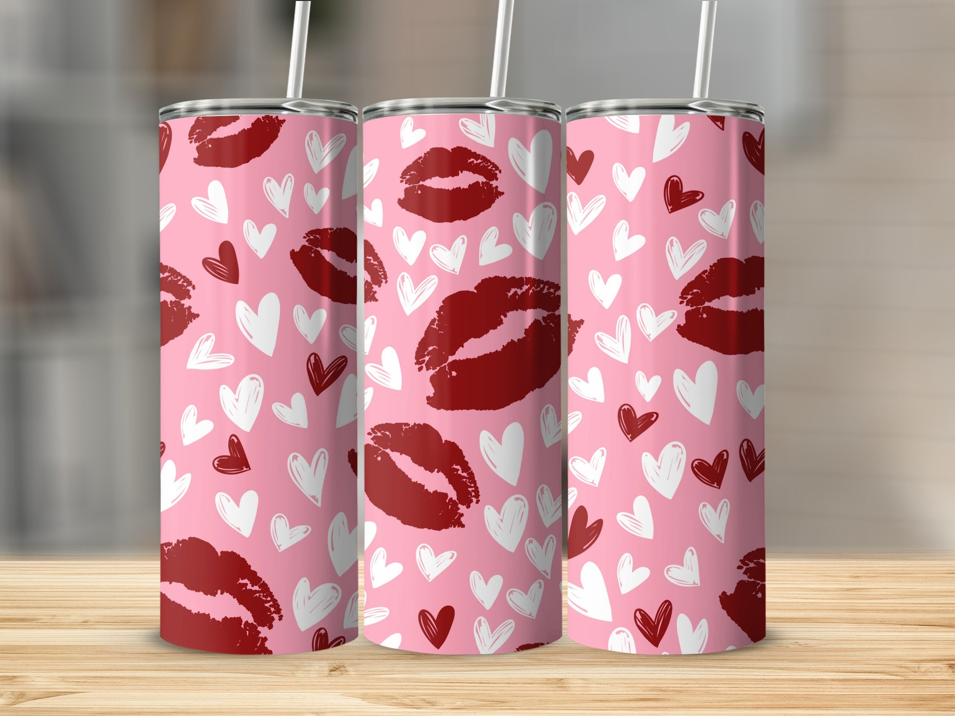 Pink Tumblers with Lip and Heart Patterns