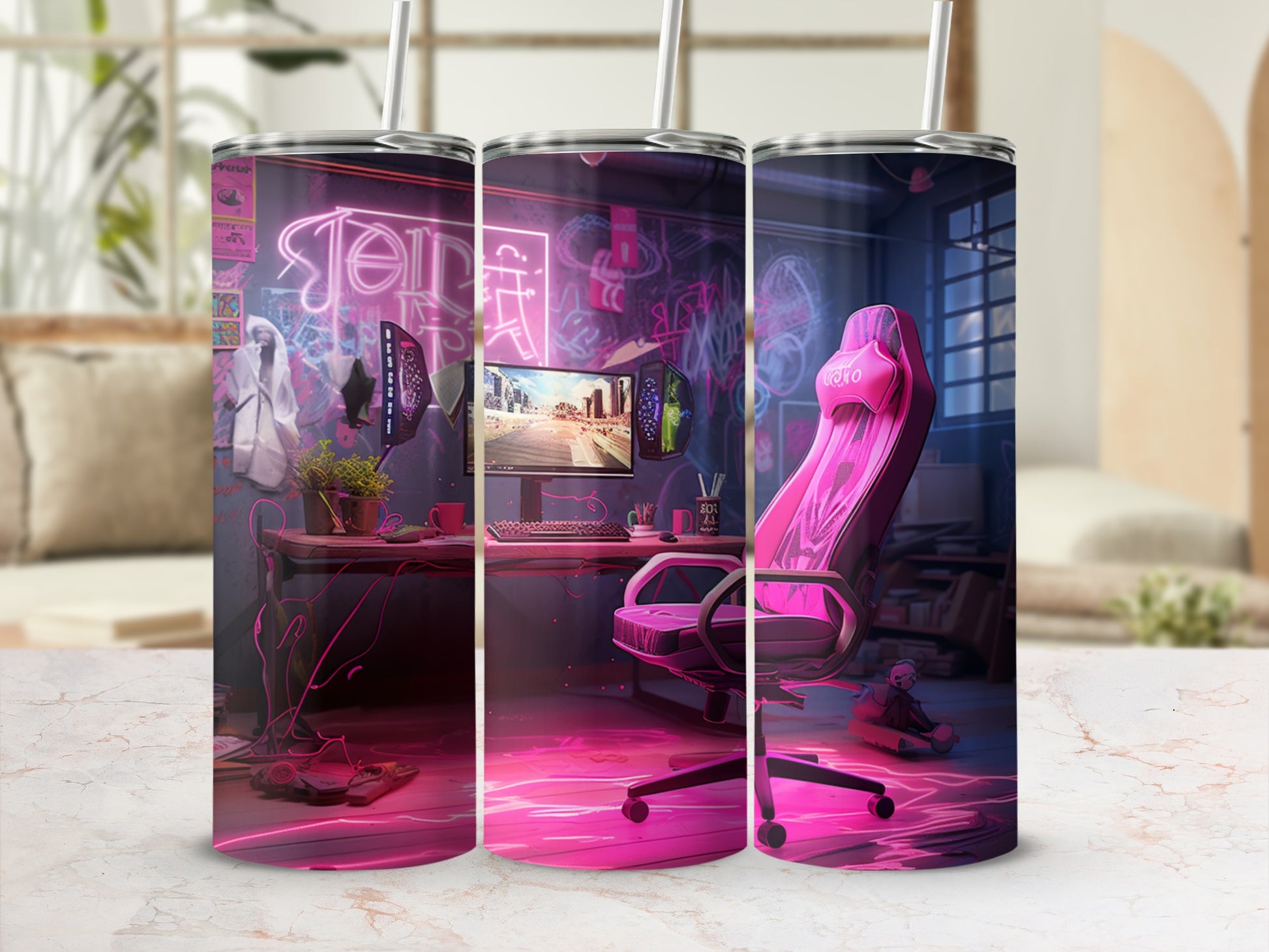 Pink gaming chair and computer setup with neon lights.