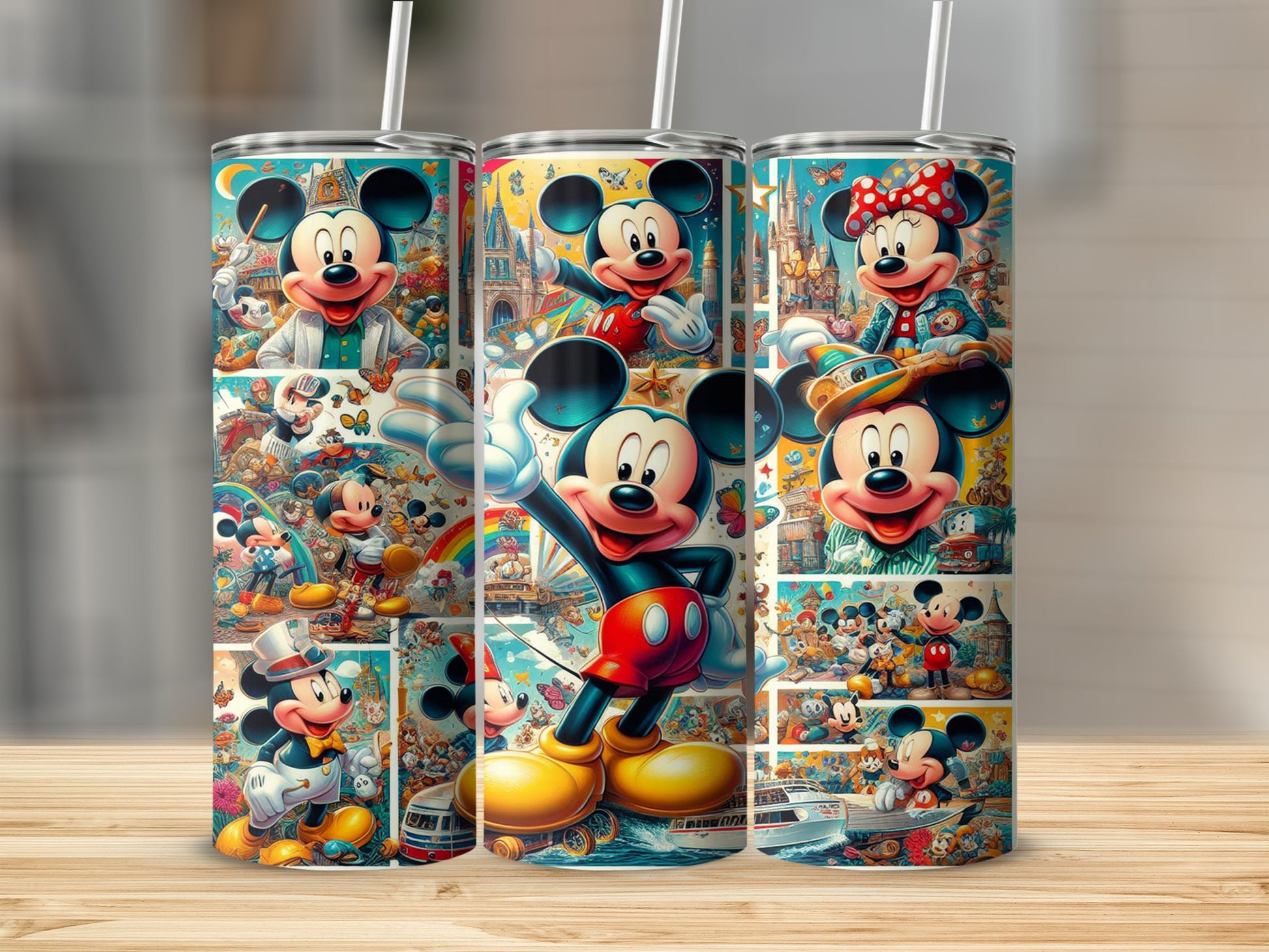 Three tumblers featuring a collage of classic Mickey Mouse cartoon scenes and characters.