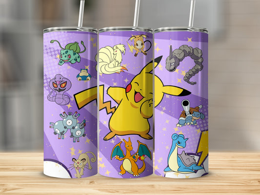 Vibrant Pikachu and Friends Design on Purple Tumbler