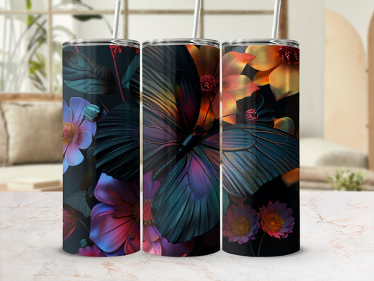 Dark butterfly and colorful flowers wrap design on three tall tumblers.