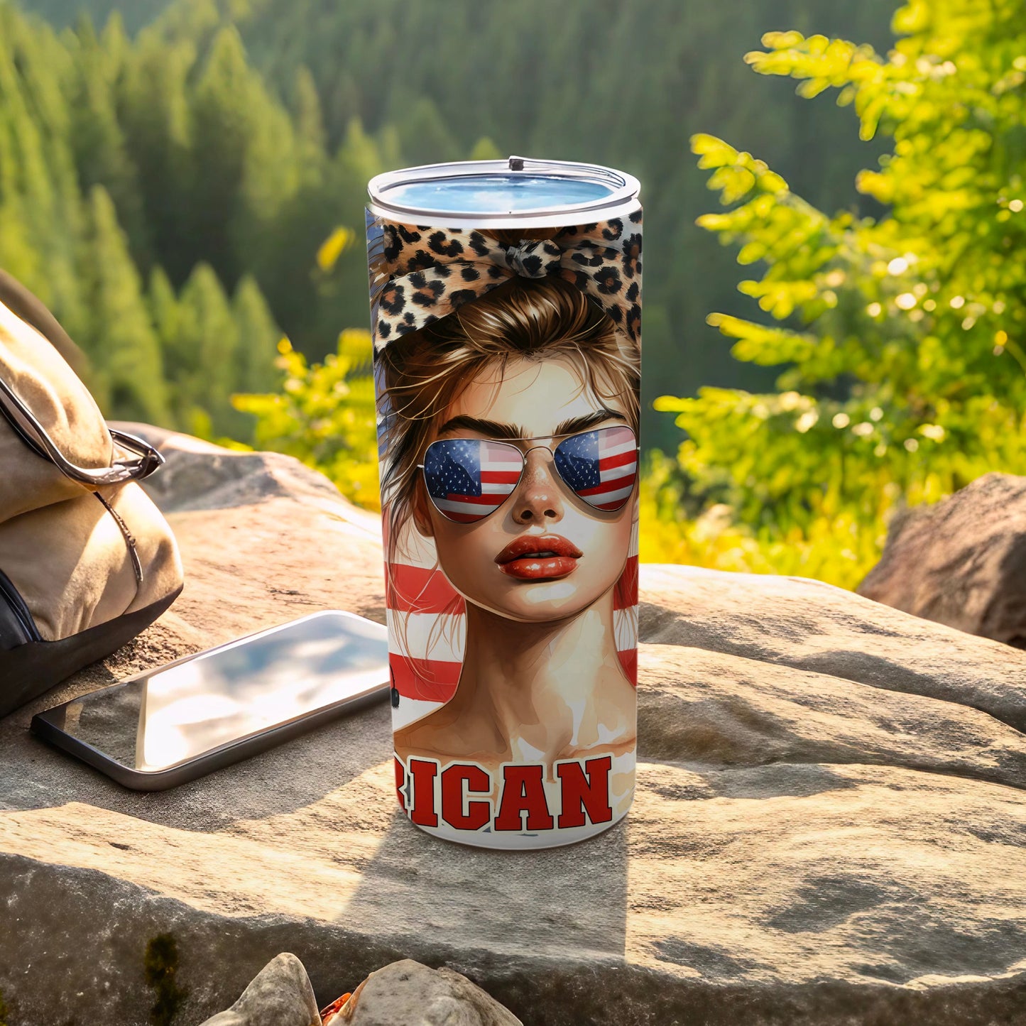 Tumbler with American flag sunglasses on woman, "ICAN" text below.