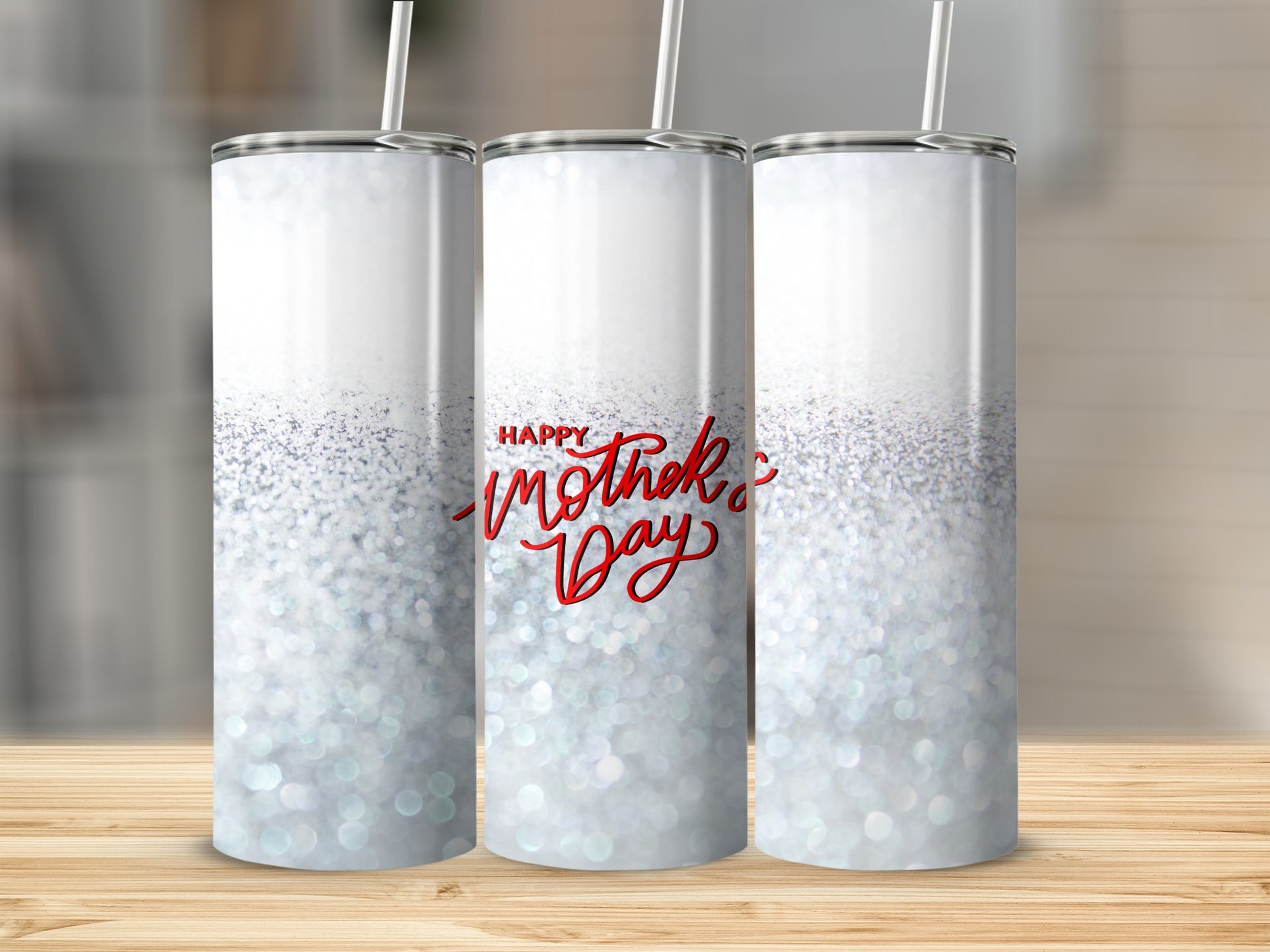 White glitter tumbler with "Happy Mother's Day" text.