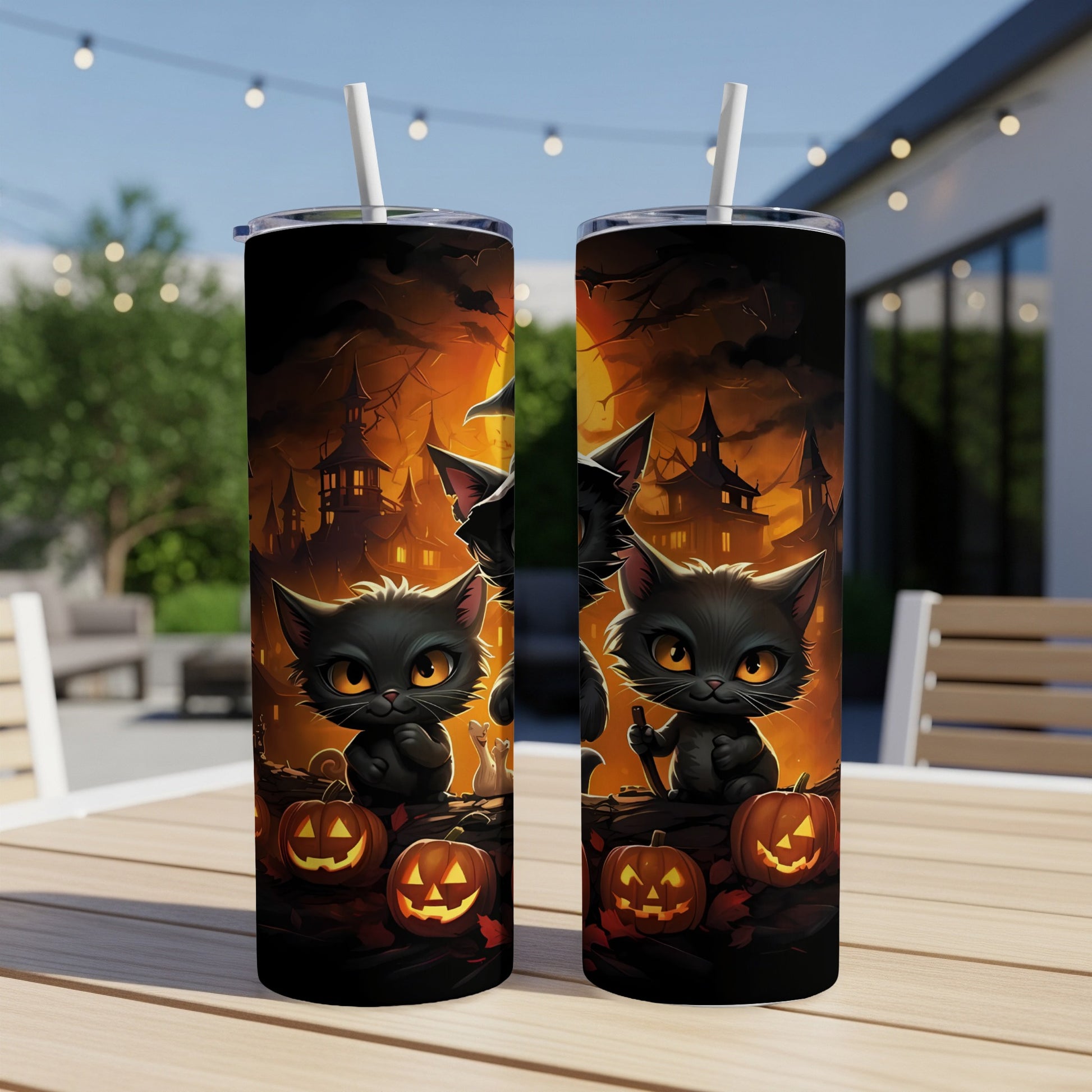 Two tumblers with Halloween theme art featuring black cats and jack-o'-lanterns.