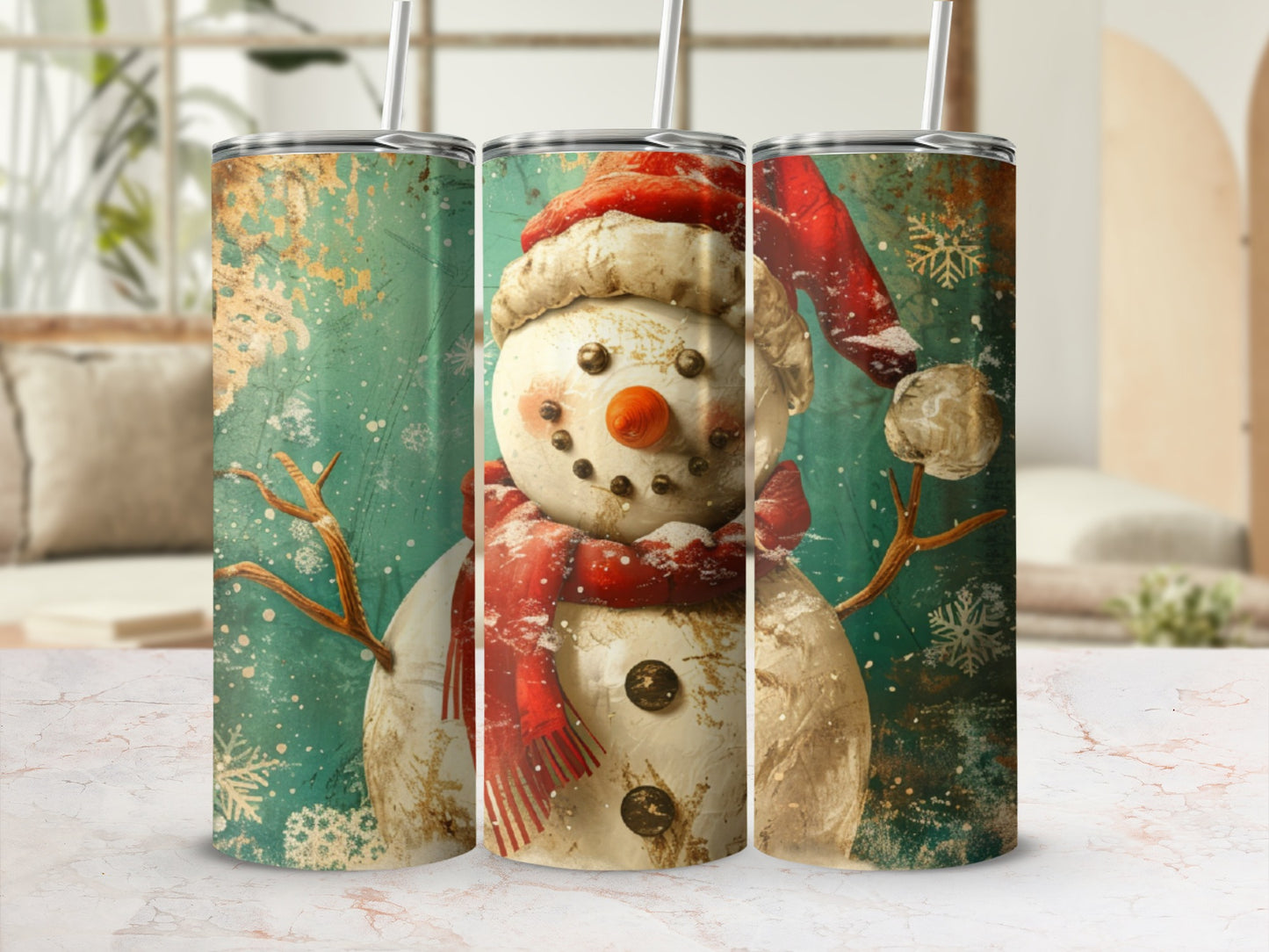 Snowman with red scarf and hat on textured background.