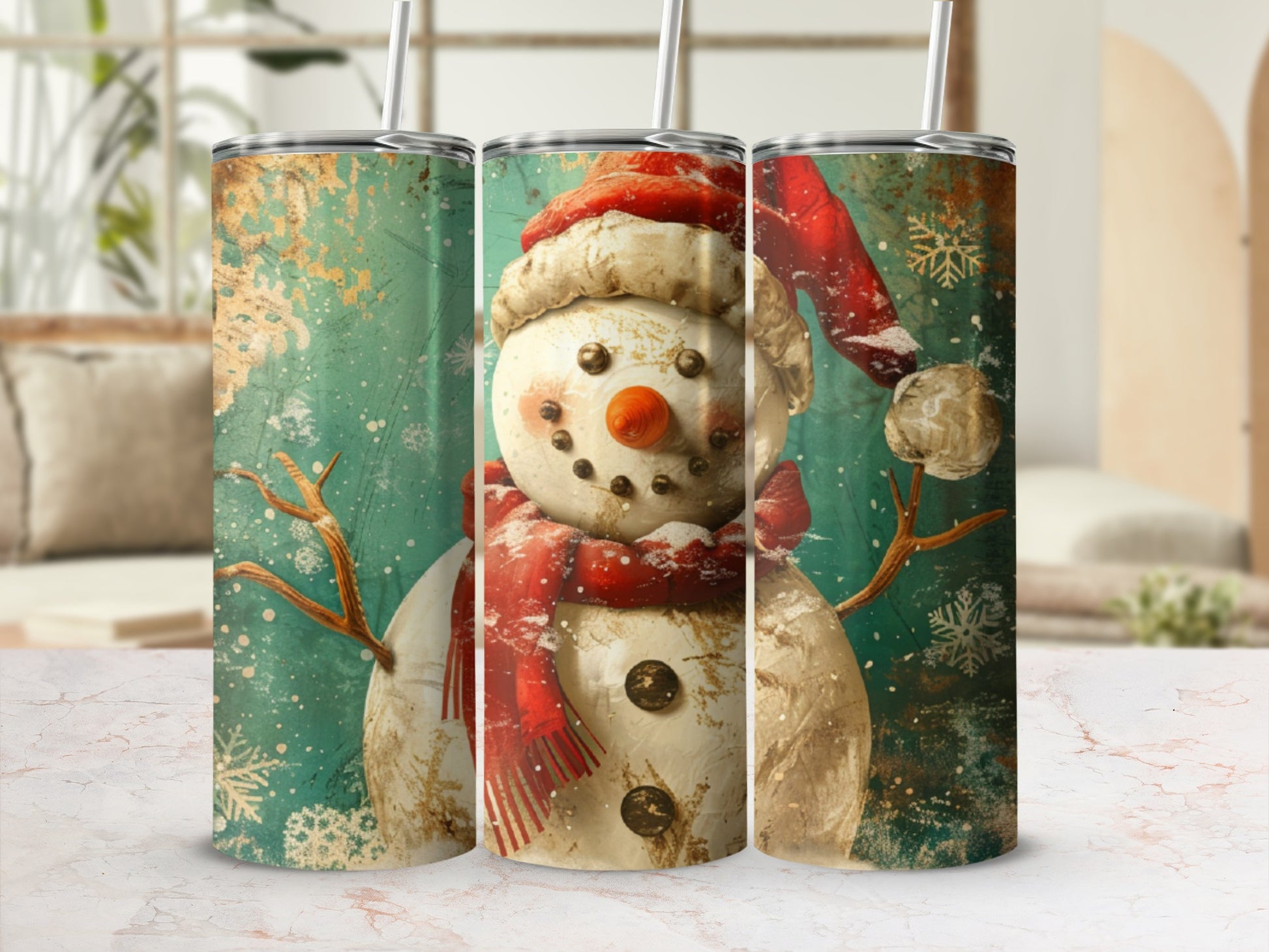 Snowman with red scarf and hat on textured background.