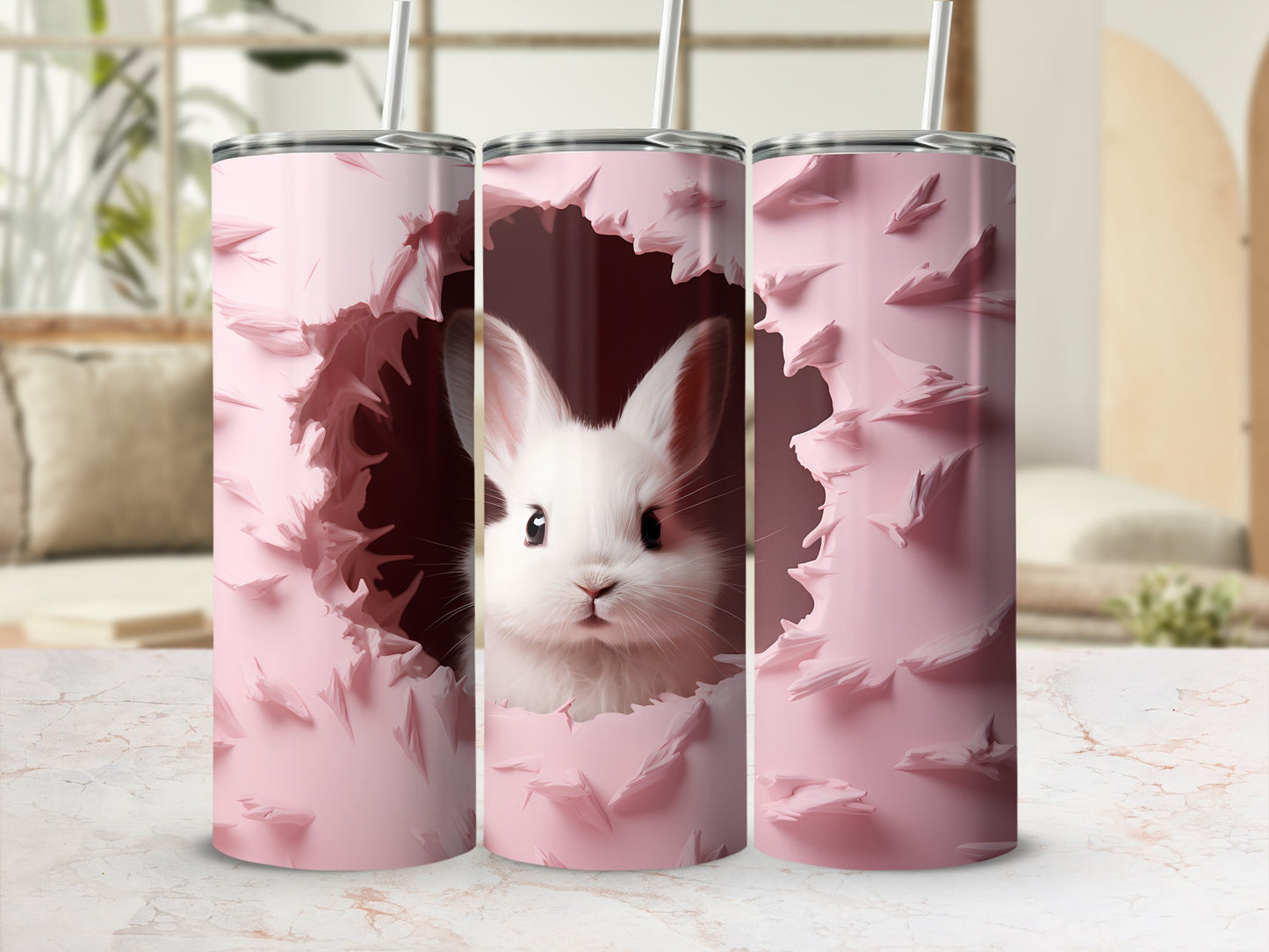 Cute Bunny Artwork on Pink Tumbler Cup