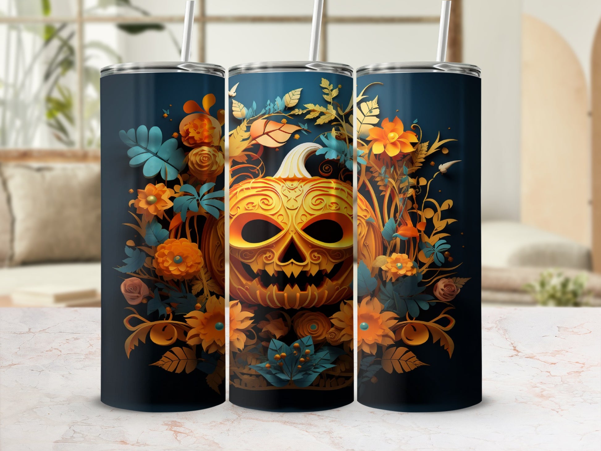 Tumbler with jack-o'-lantern, flowers, and leaves on a dark blue background.