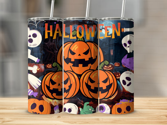 Vibrant Halloween Pumpkins and Skulls Tumbler