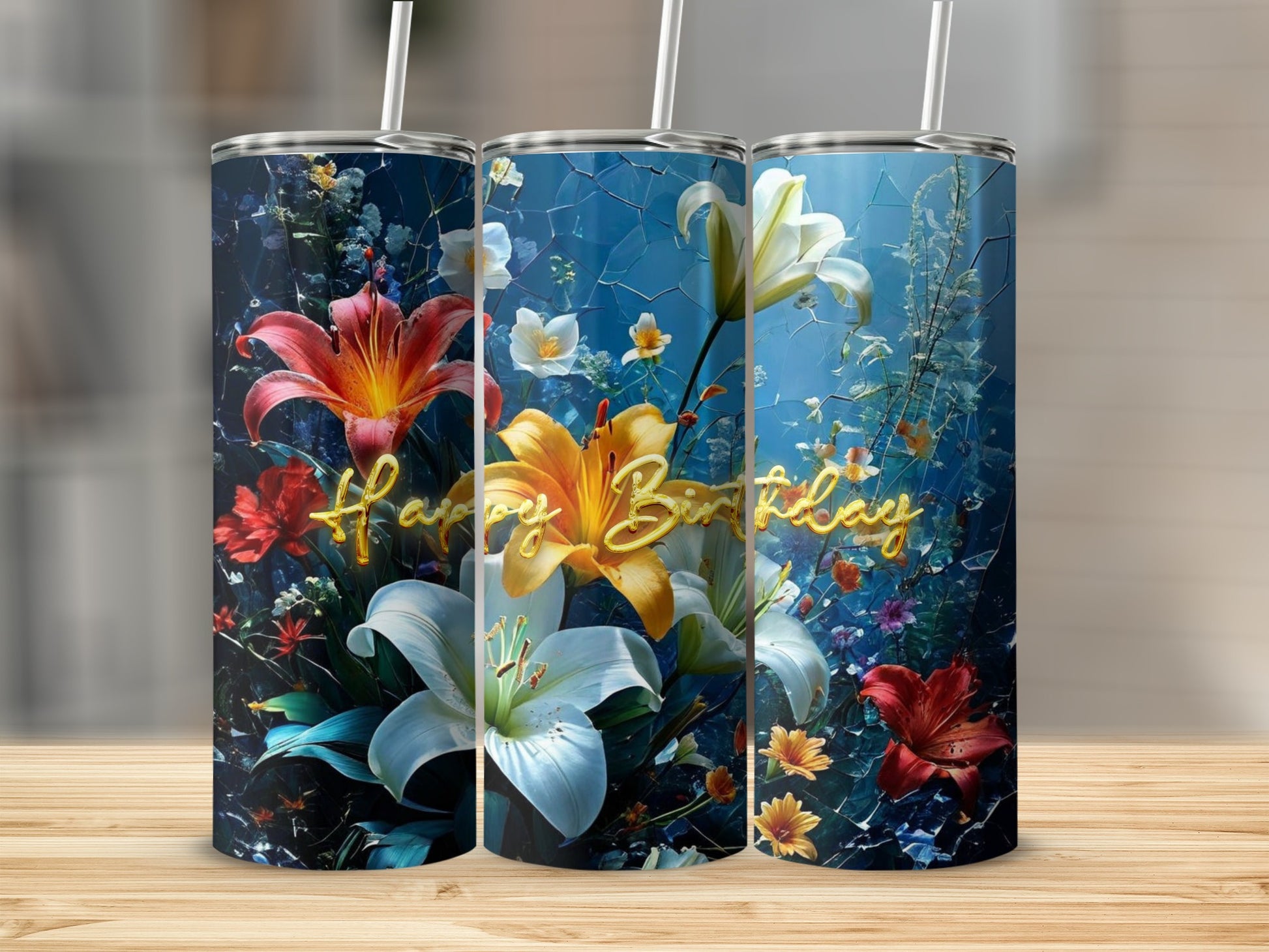 Floral birthday tumbler with "Happy Birthday" text.