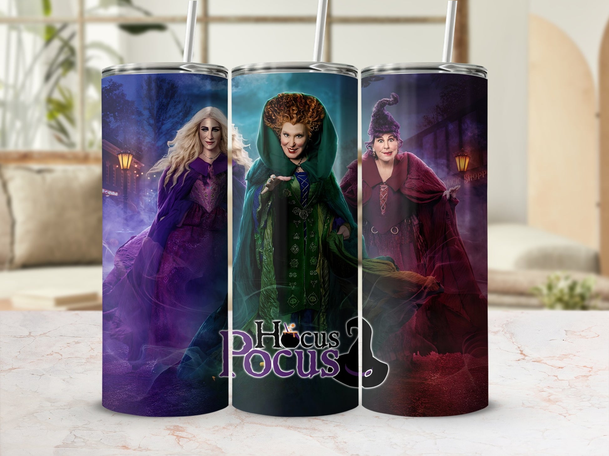 Hocus Pocus themed tumbler with iconic witch characters