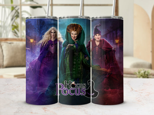 Hocus Pocus themed tumbler with iconic witch characters