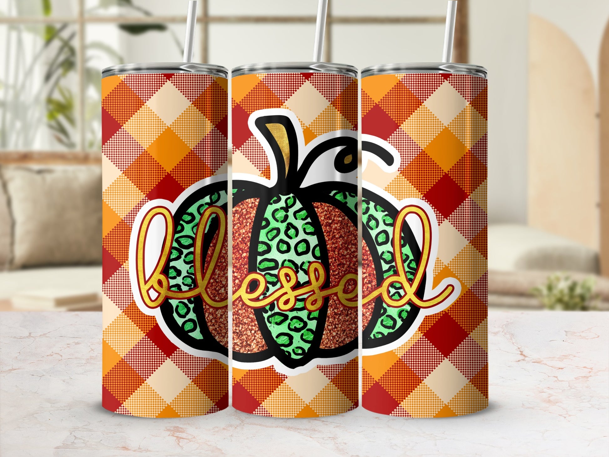 Tangerine plaid tumbler with a sparkly leopard print "Blessed" pumpkin.
