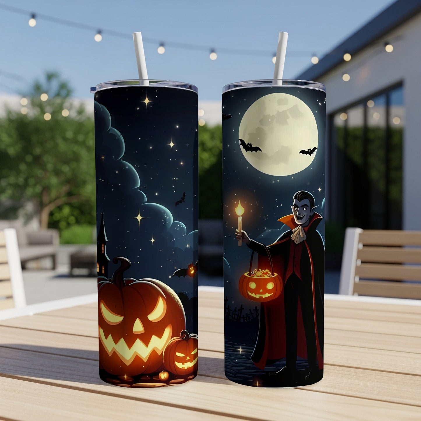 Two Halloween-themed tumblers, one with pumpkins and a castle, the other with a vampire and a full moon.