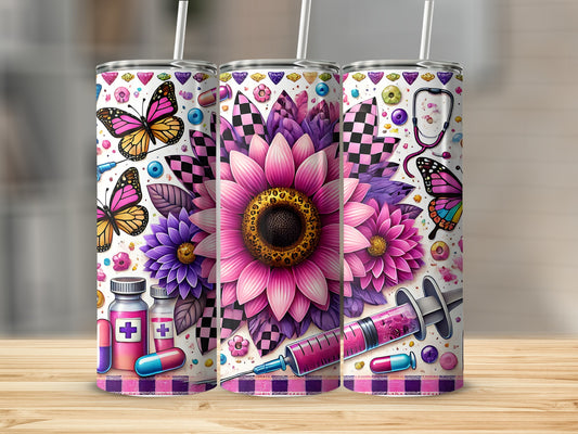 Tumbler with floral, medical, and butterfly designs.