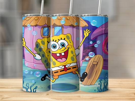 SpongeBob SquarePants with surfboard, Bubbles and underwater background, 20 oz tumbler.