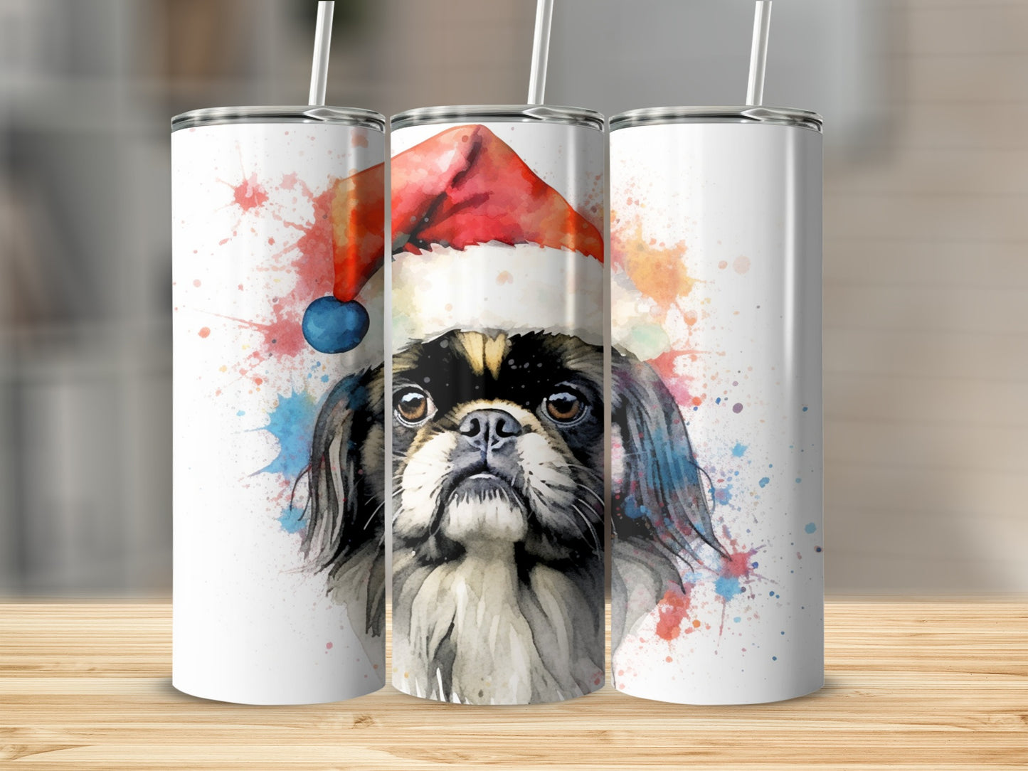 Watercolor Pekingese dog wearing a Santa hat on a white tumbler.