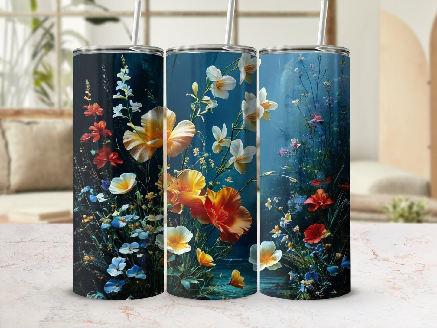Floral pattern tumbler with colorful wildflowers and greenery.
