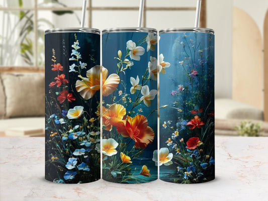 Floral pattern tumbler with colorful wildflowers and greenery.