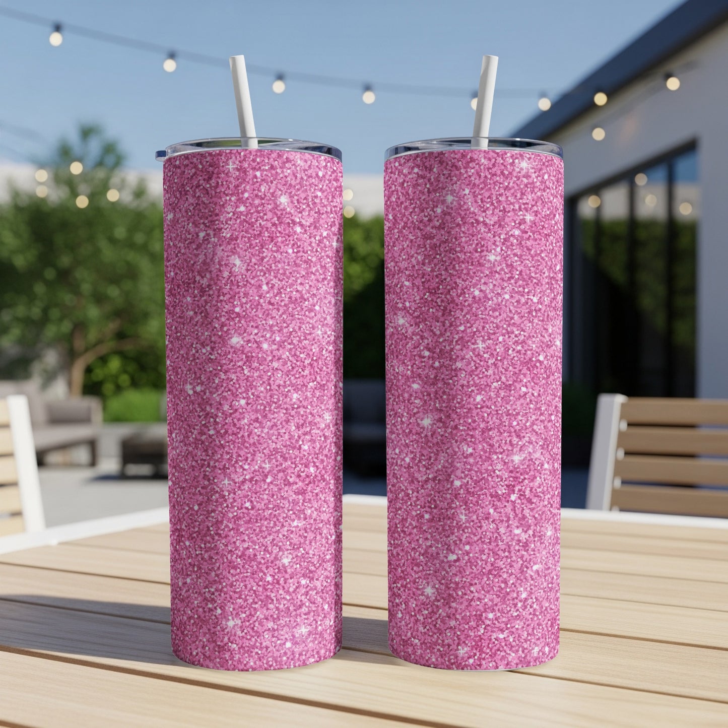 Two pink glitter tumblers with straws on a wooden table outdoors.