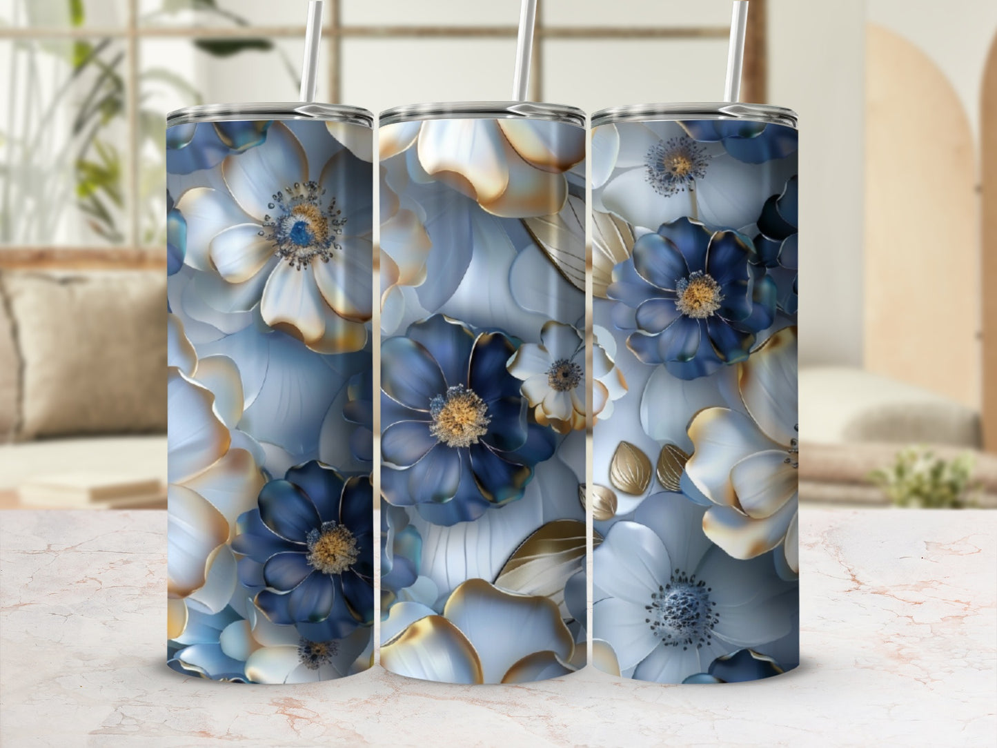 Tumbler with a blue and white floral design.