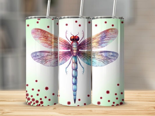 Colorful Dragonfly Design Tumbler with Floral Accents