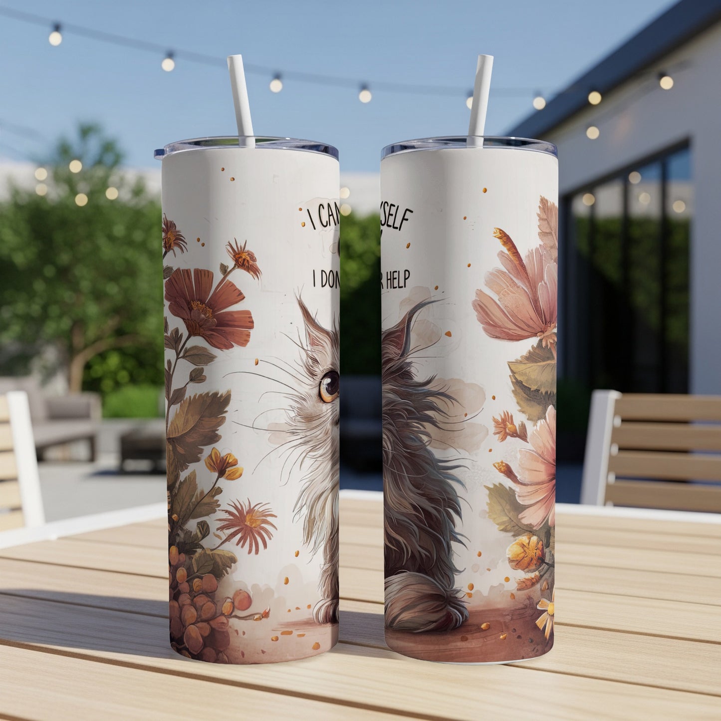 Tall tumbler with fluffy cat illustration and "I can't help myself" text.